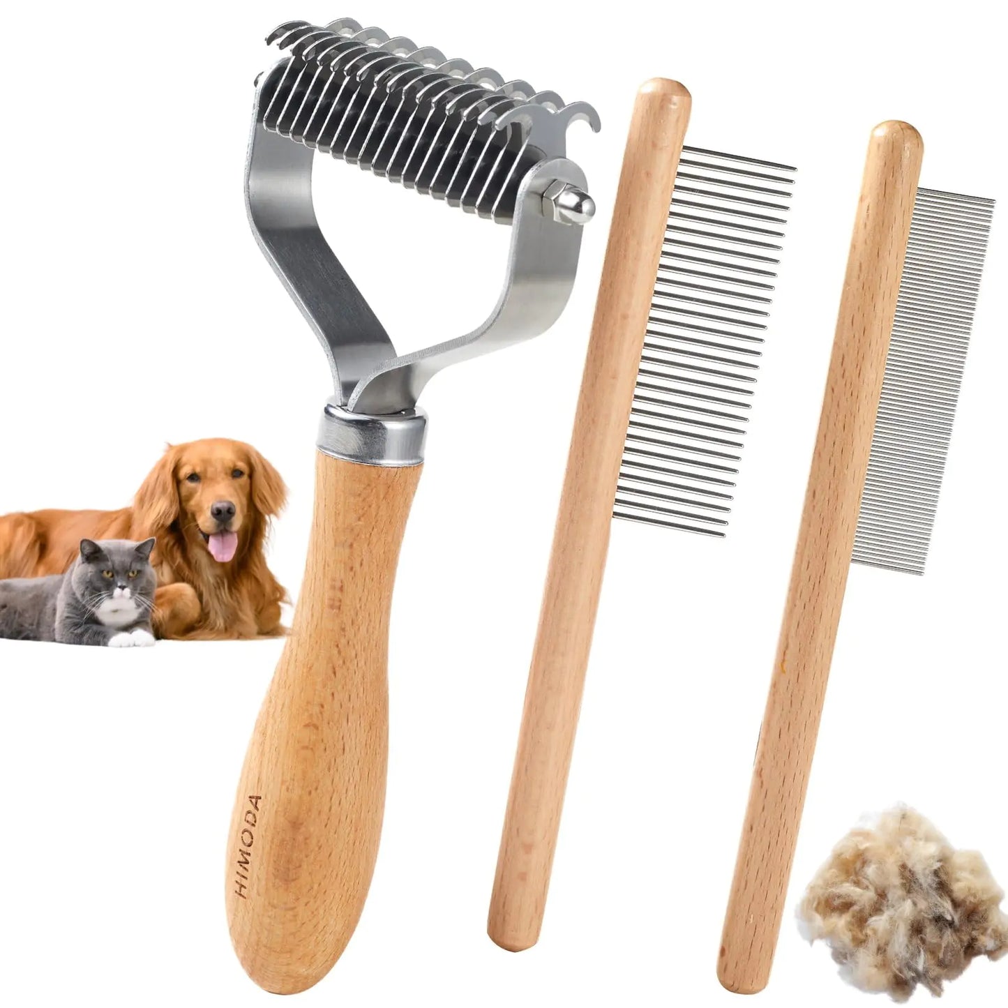 HIMODA Dog Cat Brush for Shedding Dematting 3 Pack Pet Grooming Kit of Double Sided Undercoat rake and Pet Combs Deshedding Brush Premium Wood Handle