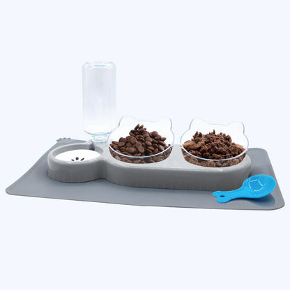 Triple Cat Bowls with Water Dispenser Pet Whisker Friendly Water and Food Bowl Set with Non-Slip Mat 15° Tilted Double Feeding Bowls Elevated Wet and Dry Food Dish for Kitten&Small Dog (Grey)