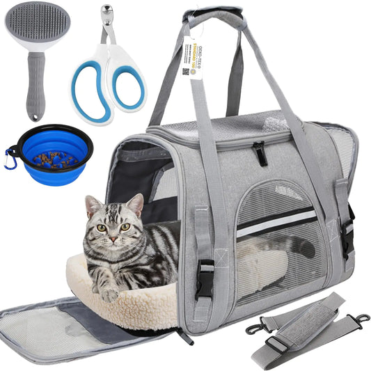Pet Carrier Bag Airline Approved Up for Cats and Dogs Up to 20LBs Soft Cat Carrier Dog Carrier Travel Kitten Carrier with Mat Nail Clipper Brush Foldable Bowl Cat Accessories