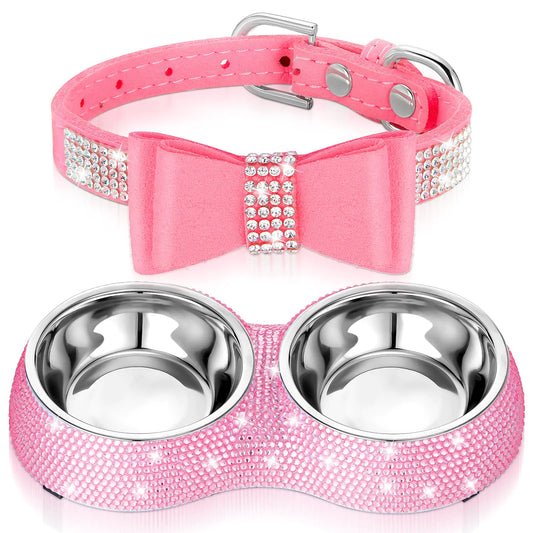 Gerrii 2 Pcs Pink Dog Cat Bowls and Small Puppy Adjustable Collar Set for Cat and Dog Bling Collar Rhinestones Stainless Steel Puppy Bowls(XSPink)