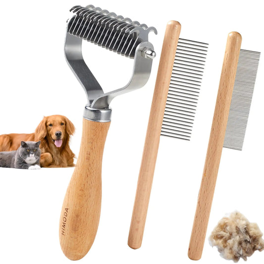 HIMODA Dog Cat Brush for Shedding Dematting 3 Pack Pet Grooming Kit of Double Sided Undercoat rake and Pet Combs Deshedding Brush Premium Wood Handle