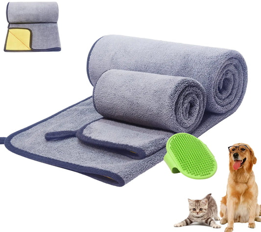 Dog Towel Pet Cat Dog Bath Towel Microfiber Drying Towel 3 in 1 Super Absorbent Ultra Soft Double Density 600 GSM Pet Brush Cat Dog Bath Brush for Small Medium Large Dogs and Cats