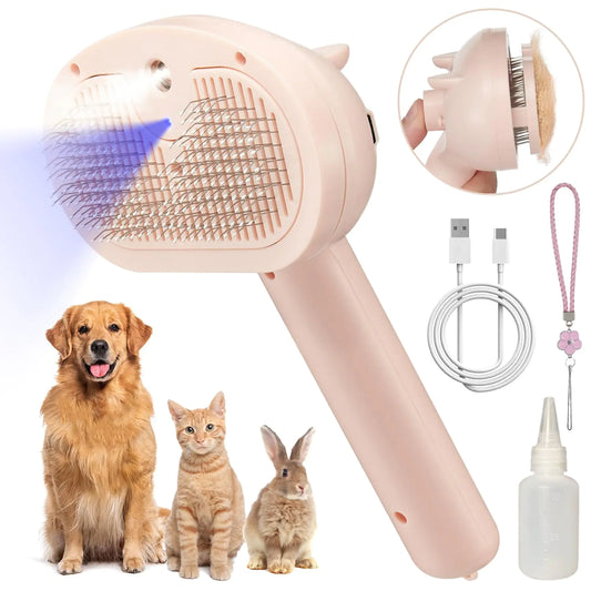 Pet Steam Hair Comb Brush for Shedding 4 In 1 Spray Brush for Long & Short Haired Cat&Dog Self-Cleaning Hair Remover with Water Tank And LED Blue Light Release Button(Pink)