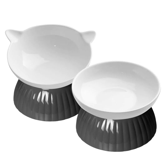 2 Ceramic Raised Cat Food Bowls Elevated Cat Food and Water Bowl Set Pet Bowl for Indoor Cats and Small Dogs Anti-Vomiting Cat Dog Feeder with Plastic Base Dishwasher Safe (Pure White)